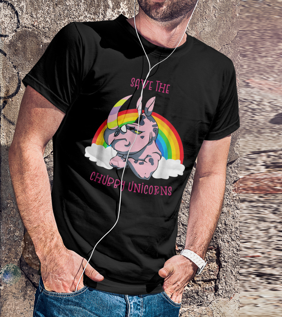 Save The Chubby Unicorns Cute Rhino Rainbow Clouds T-Shirt