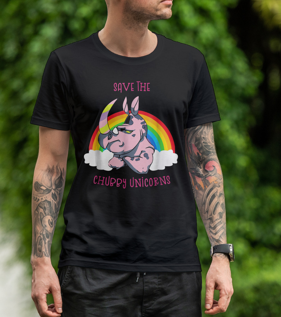 Save The Chubby Unicorns Cute Rhino Rainbow Clouds T-Shirt