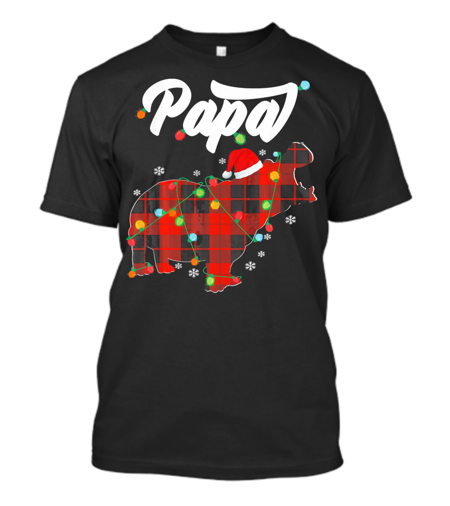 Papa Christmas Hippopotamus In Red Plaid With Lights And Snowflakes T-Shirt
