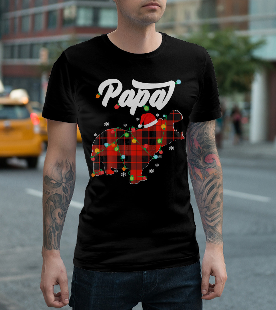 Papa Christmas Hippopotamus In Red Plaid With Lights And Snowflakes T-Shirt