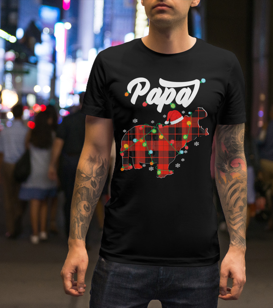 Papa Christmas Hippopotamus In Red Plaid With Lights And Snowflakes T-Shirt