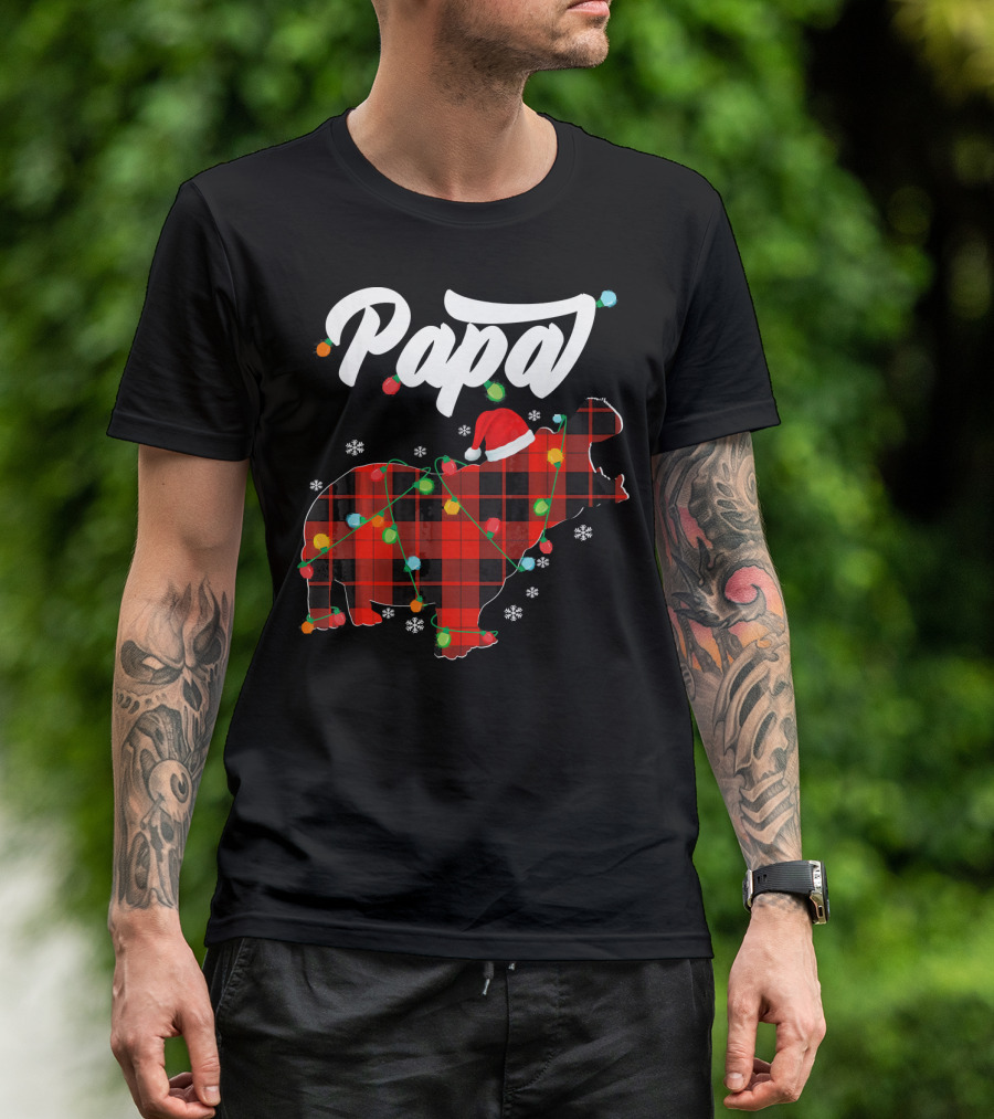 Papa Christmas Hippopotamus In Red Plaid With Lights And Snowflakes T-Shirt