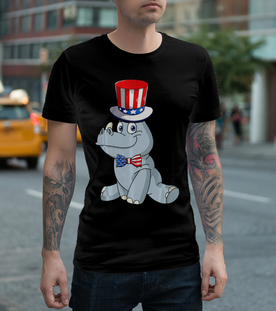 Patriotic Rhino Wearing American Flag Hat and Bow Tie T-Shirt
