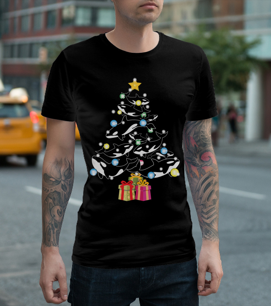 Orca Killer Whale Christmas Tree with Star and Colorful Ornaments T-Shirt