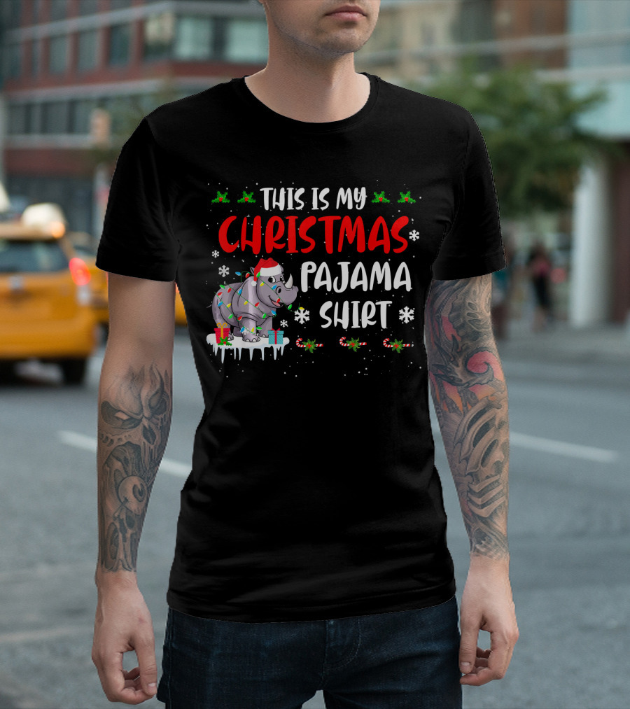 This Is My Christmas Pajama Rhino Shirt Holiday Lights Santa Hat Snowflakes T-Shirt