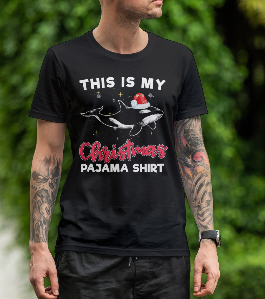 This Is My Christmas Pajama Shirt Orca Whale Santa Hat T-Shirt