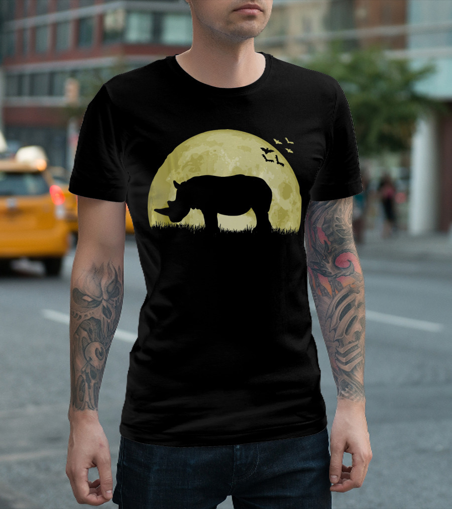 Rhino Silhouette with Full Moon and Bats at Night T-Shirt