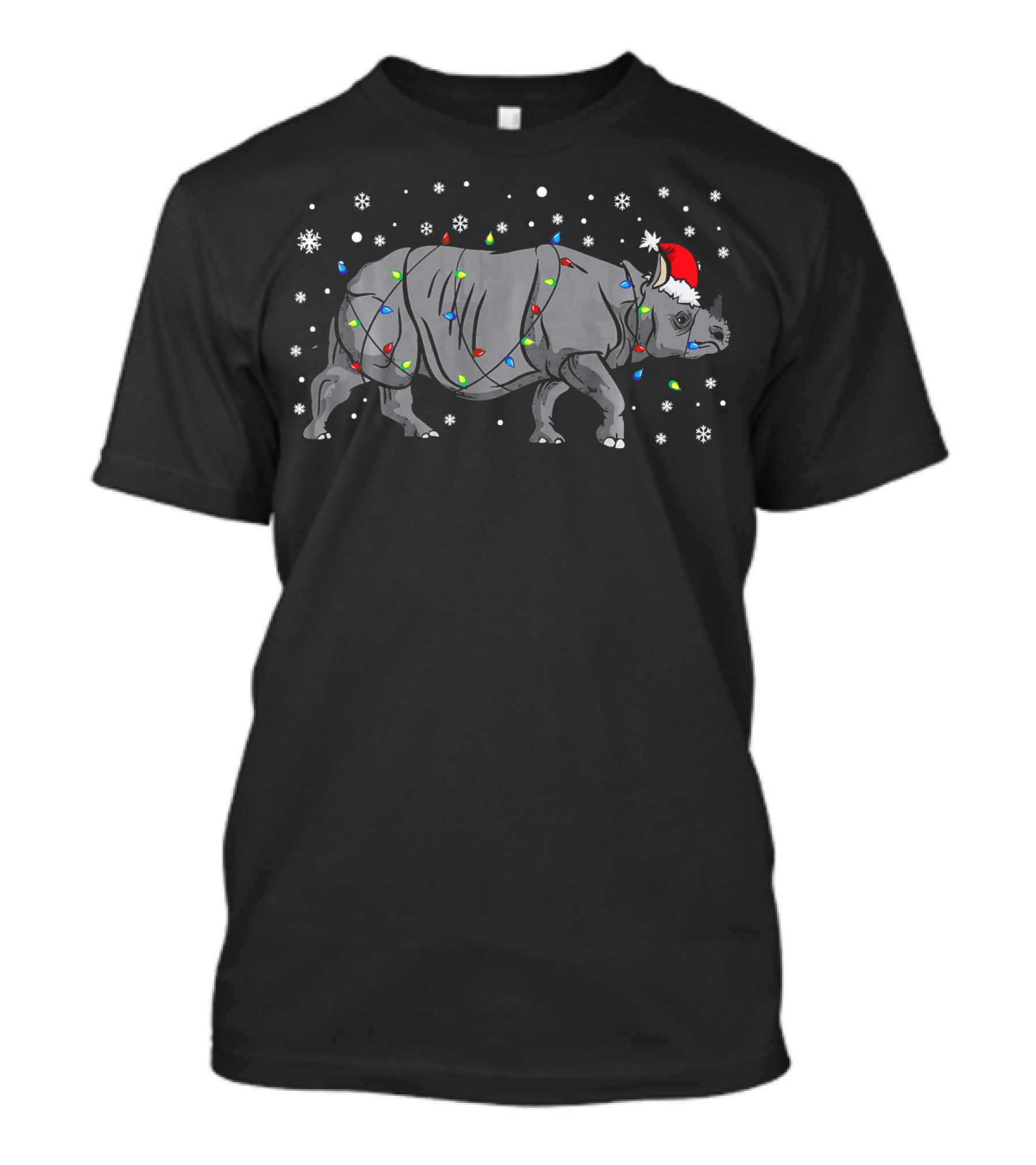 Rhino Santa Claus Funny Rhinoceros Christmas Lights Snowflakes T-Shirt