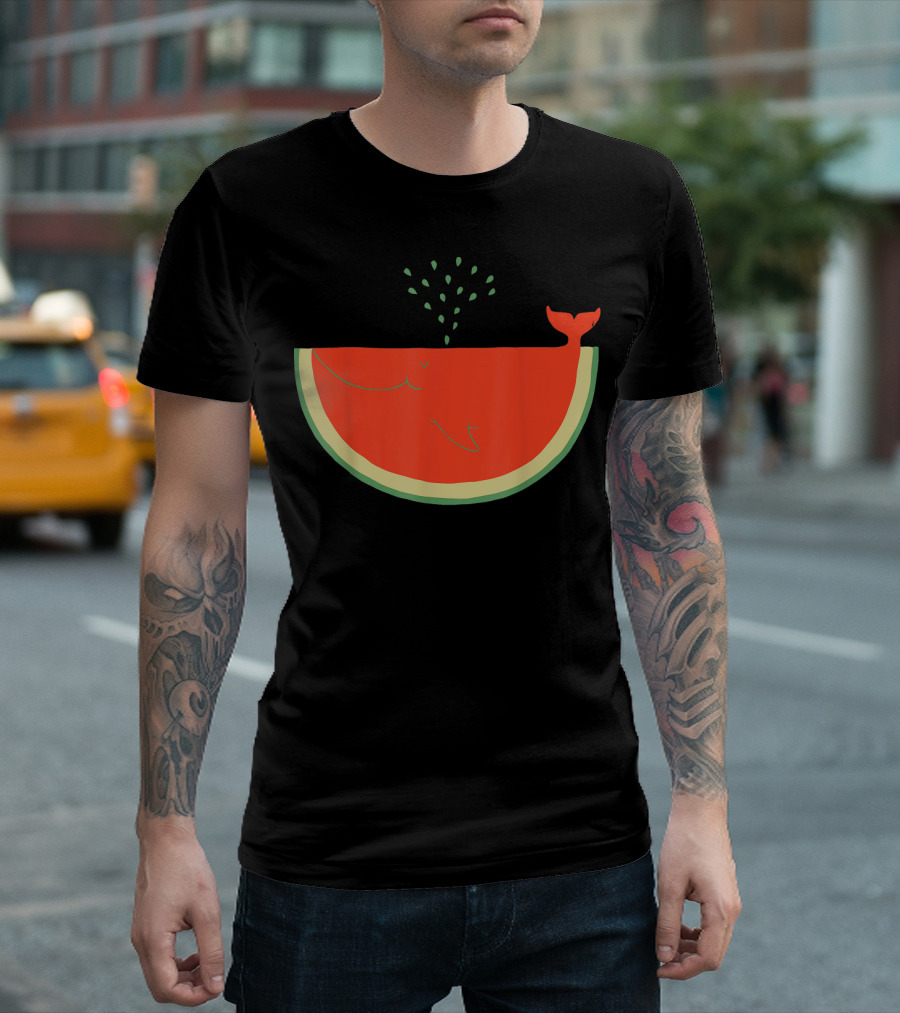 Watermelon Whale Splashing Tail Wedge T-Shirt