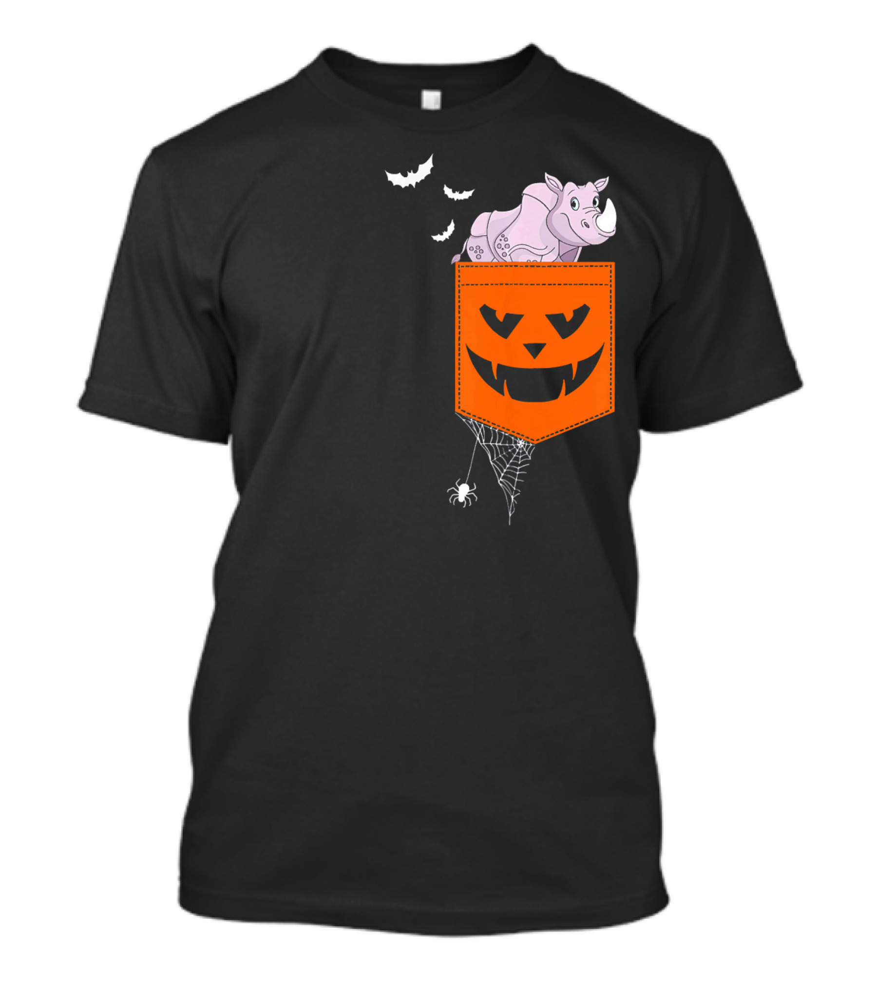 Rhino In Halloween Pumpkin Pocket With Bats And Spiderweb T-Shirt