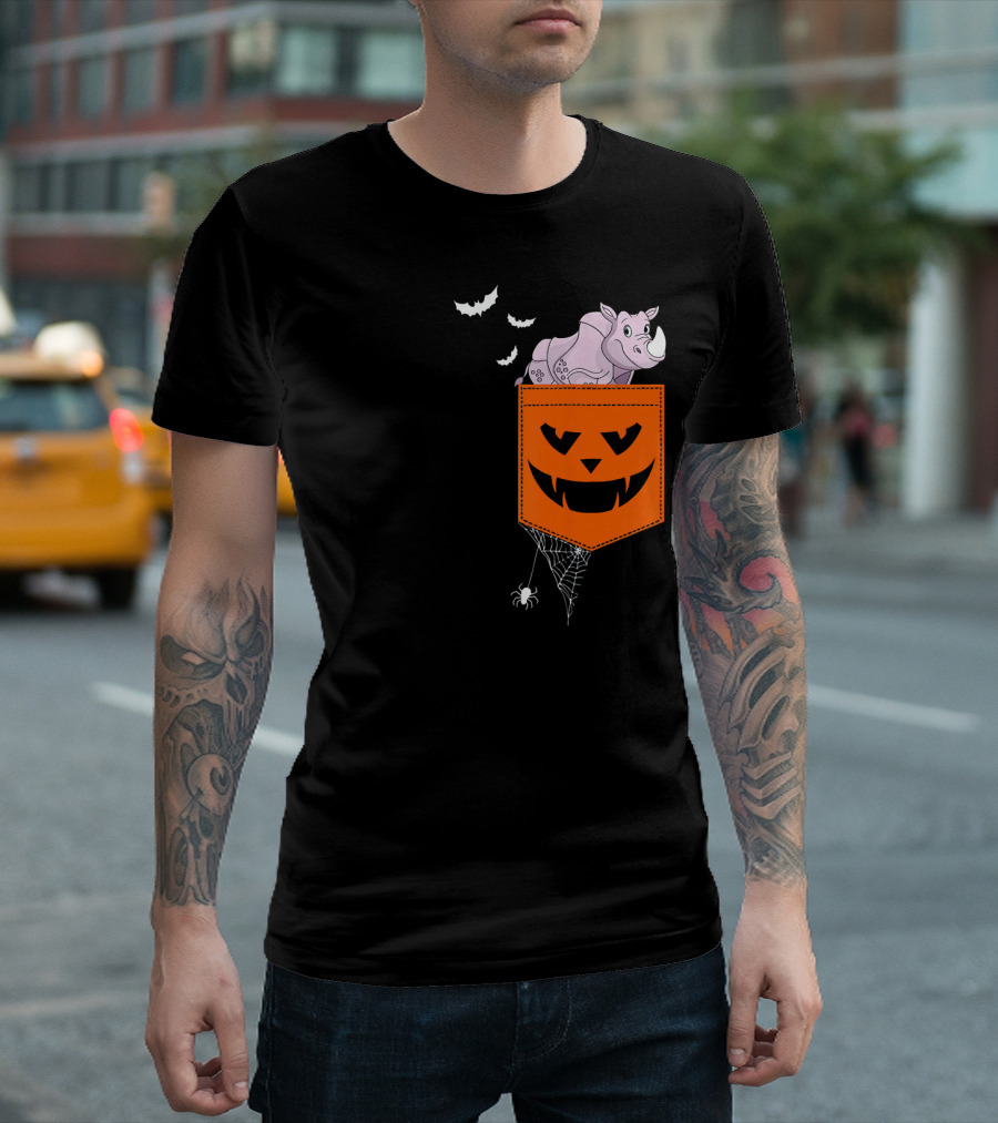 Rhino In Halloween Pumpkin Pocket With Bats And Spiderweb T-Shirt