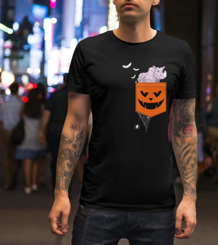 Rhino In Halloween Pumpkin Pocket With Bats And Spiderweb T-Shirt
