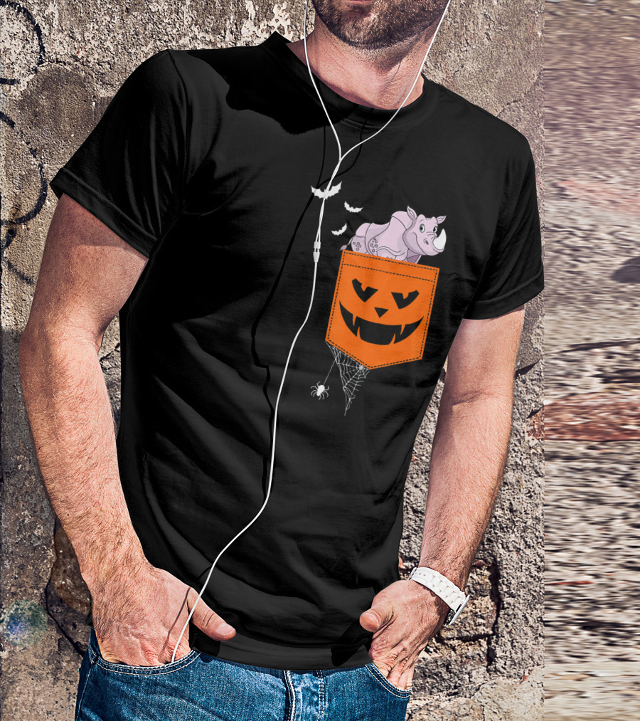 Rhino In Halloween Pumpkin Pocket With Bats And Spiderweb T-Shirt