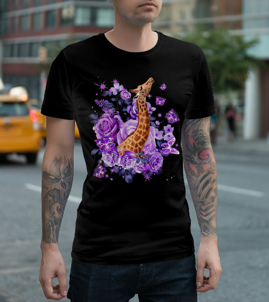 Cute Giraffe Surrounded by Purple Flowers and Butterflies for Woman Lover T-Shirt
