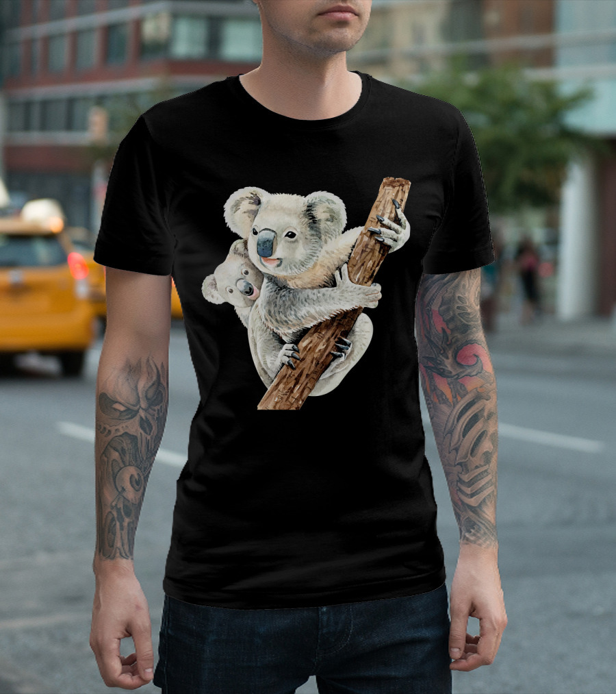 Cute Koala Bear and Baby Realistic Watercolor Branch T-Shirt