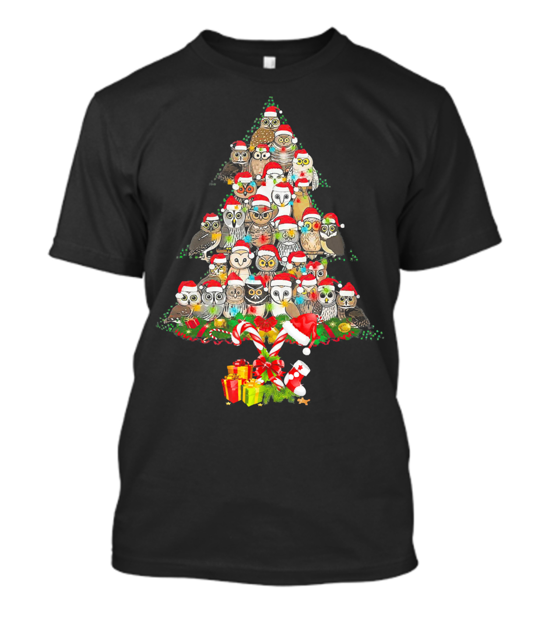 Christmas Owls Pine Tree Santa Hats Festive Owl Lovers Holiday Owls T-Shirt