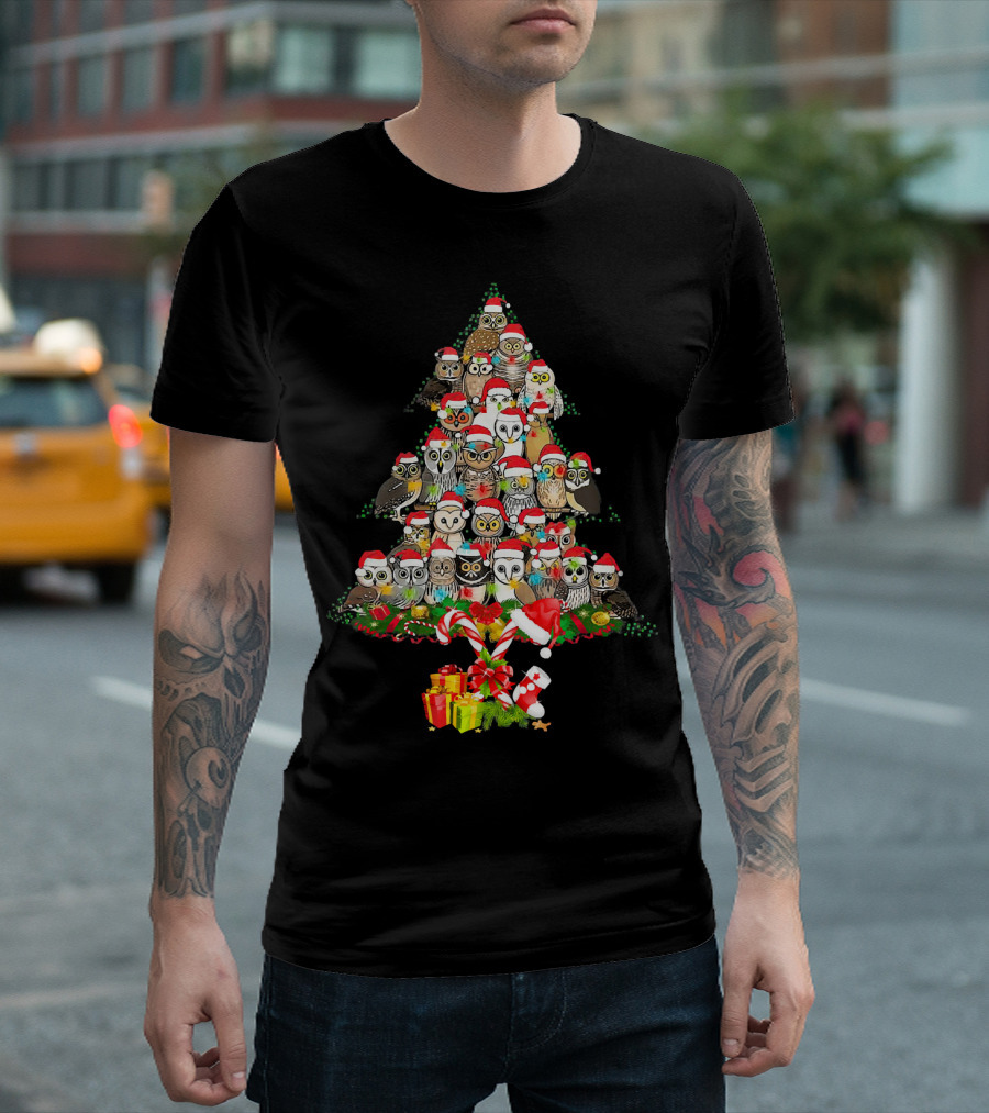 Christmas Owls Pine Tree Santa Hats Festive Owl Lovers Holiday Owls T-Shirt