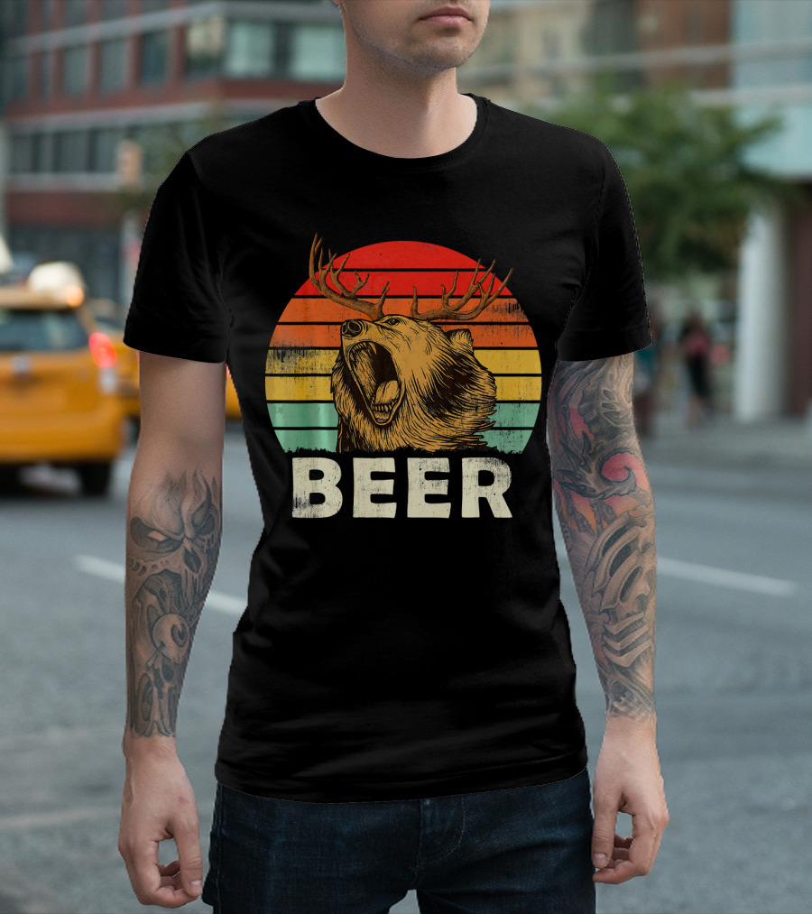 Bear Deer Funny Beer Retro Sunset Beer T-Shirt
