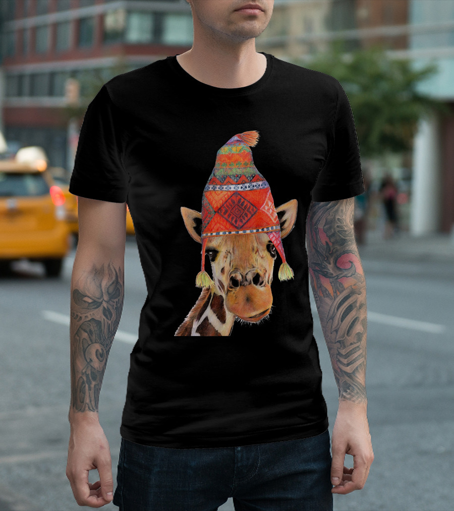 Cute Giraffe Wearing Patterned Winter Beanie Peruvian T-Shirt