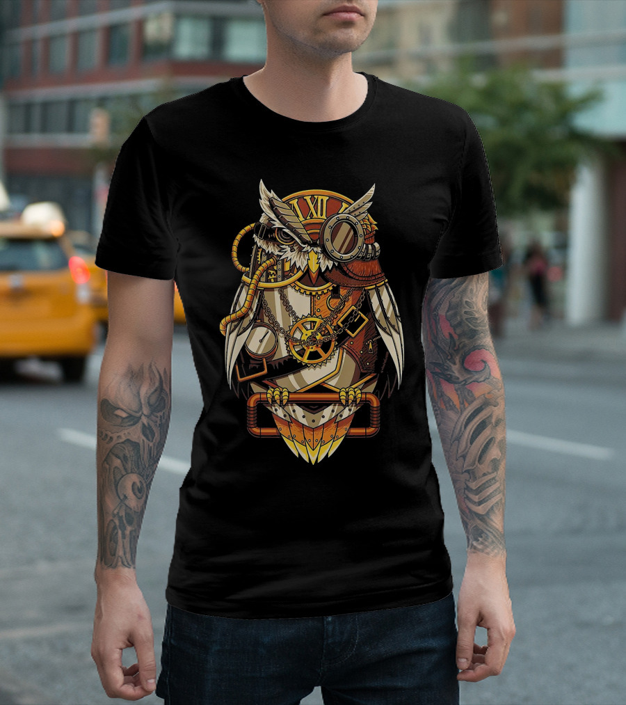 Clockwork Owl Steampunk Gears Roman Numerals T-Shirt