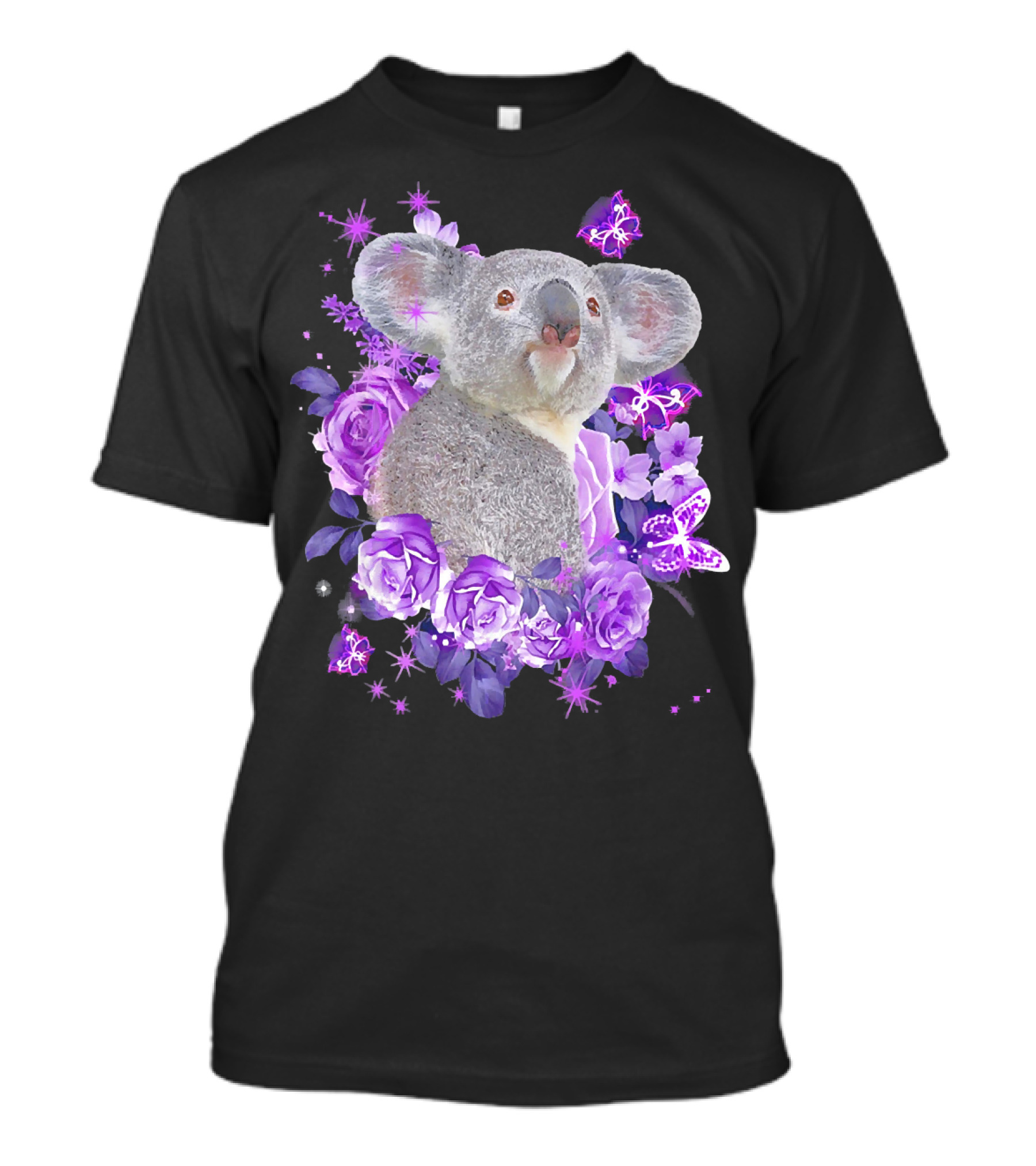 Cute Koala Surrounded By Purple Flowers And Butterflies T-Shirt