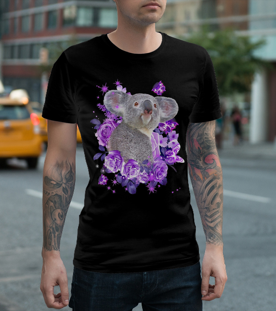 Cute Koala Surrounded By Purple Flowers And Butterflies T-Shirt