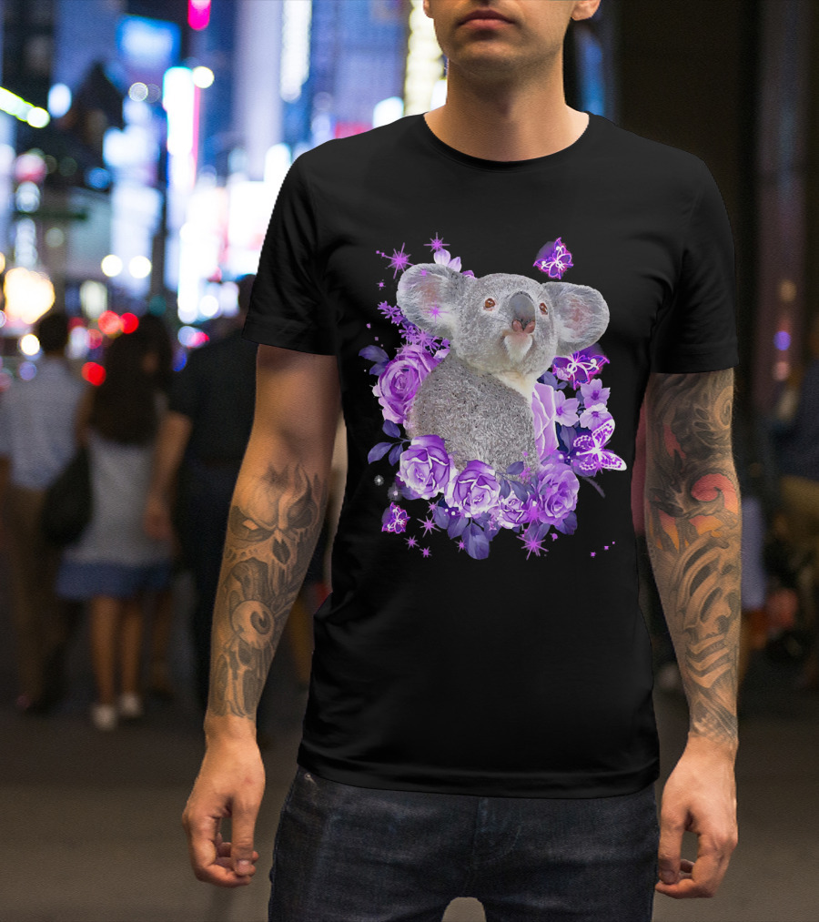 Cute Koala Surrounded By Purple Flowers And Butterflies T-Shirt
