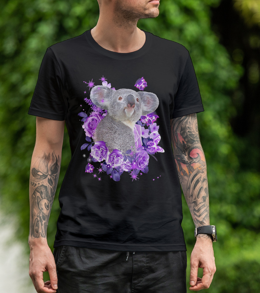 Cute Koala Surrounded By Purple Flowers And Butterflies T-Shirt