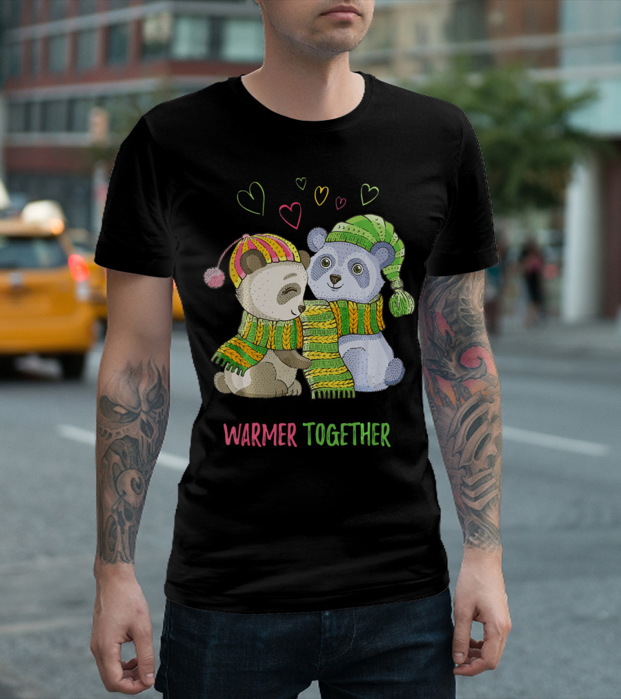 Warmer Together Christmas Cute Panda Bear With Hearts T-Shirt