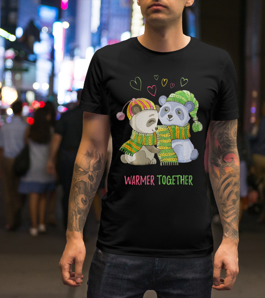 Warmer Together Christmas Cute Panda Bear With Hearts T-Shirt