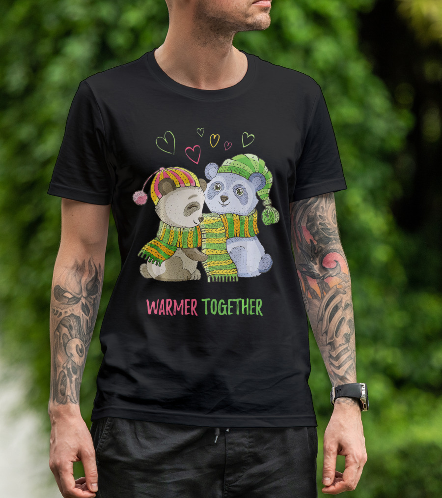 Warmer Together Christmas Cute Panda Bear With Hearts T-Shirt