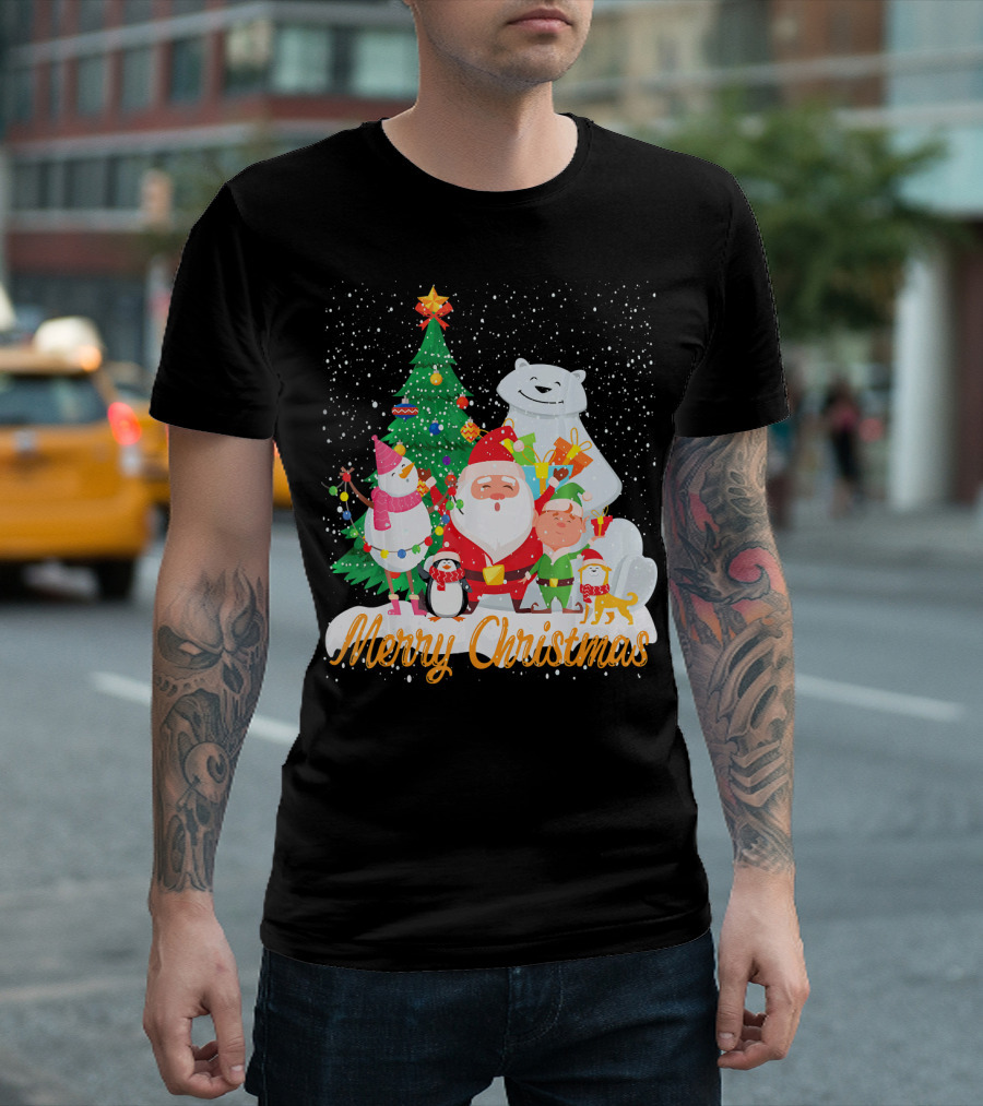 Merry Christmas Santa Claus Snowman Penguin Elf Tree and Polar Bear in Snow T-Shirt