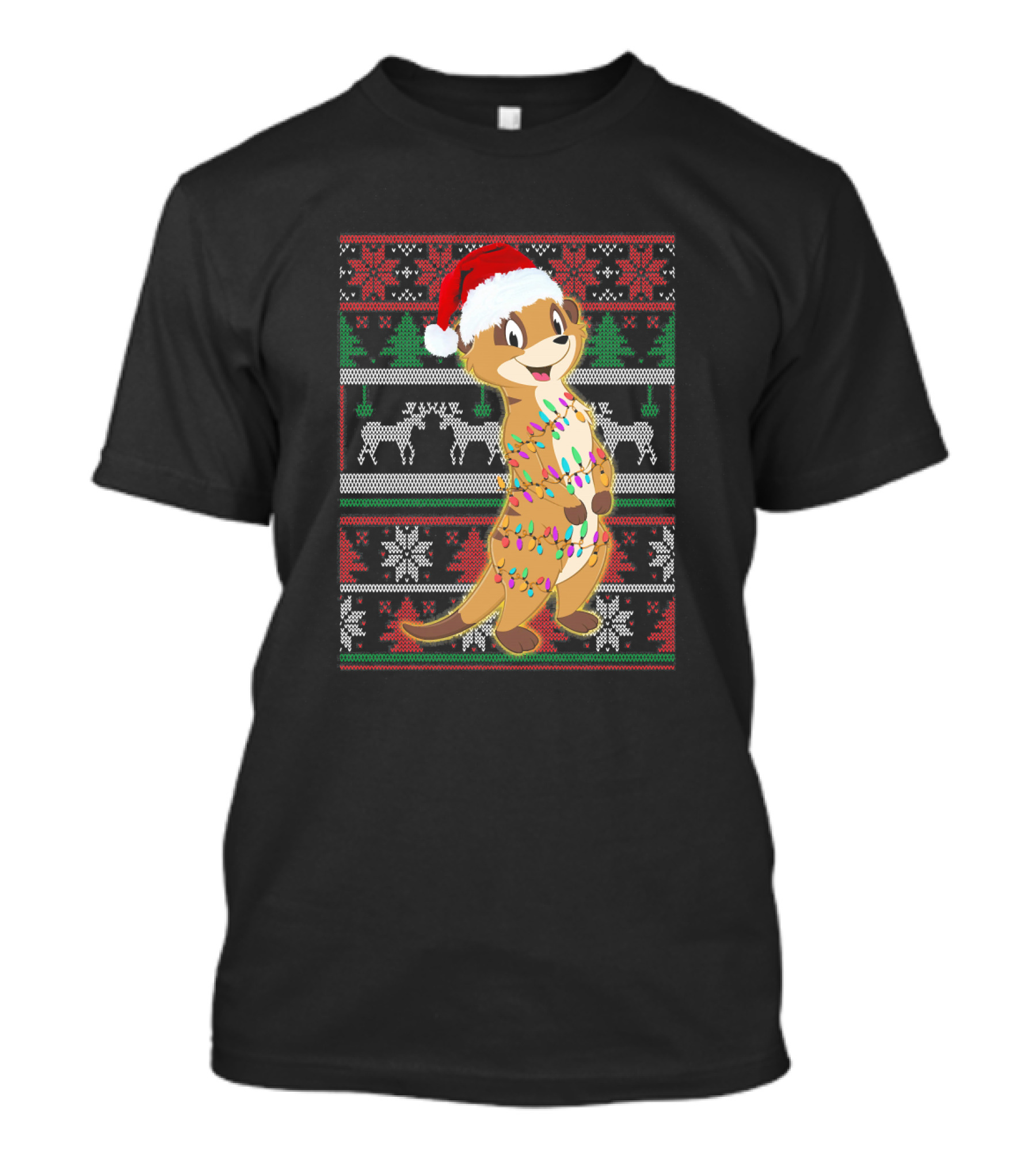 Christmas Cute Meerkat Lover With Festive Lights And Santa Hat T-Shirt