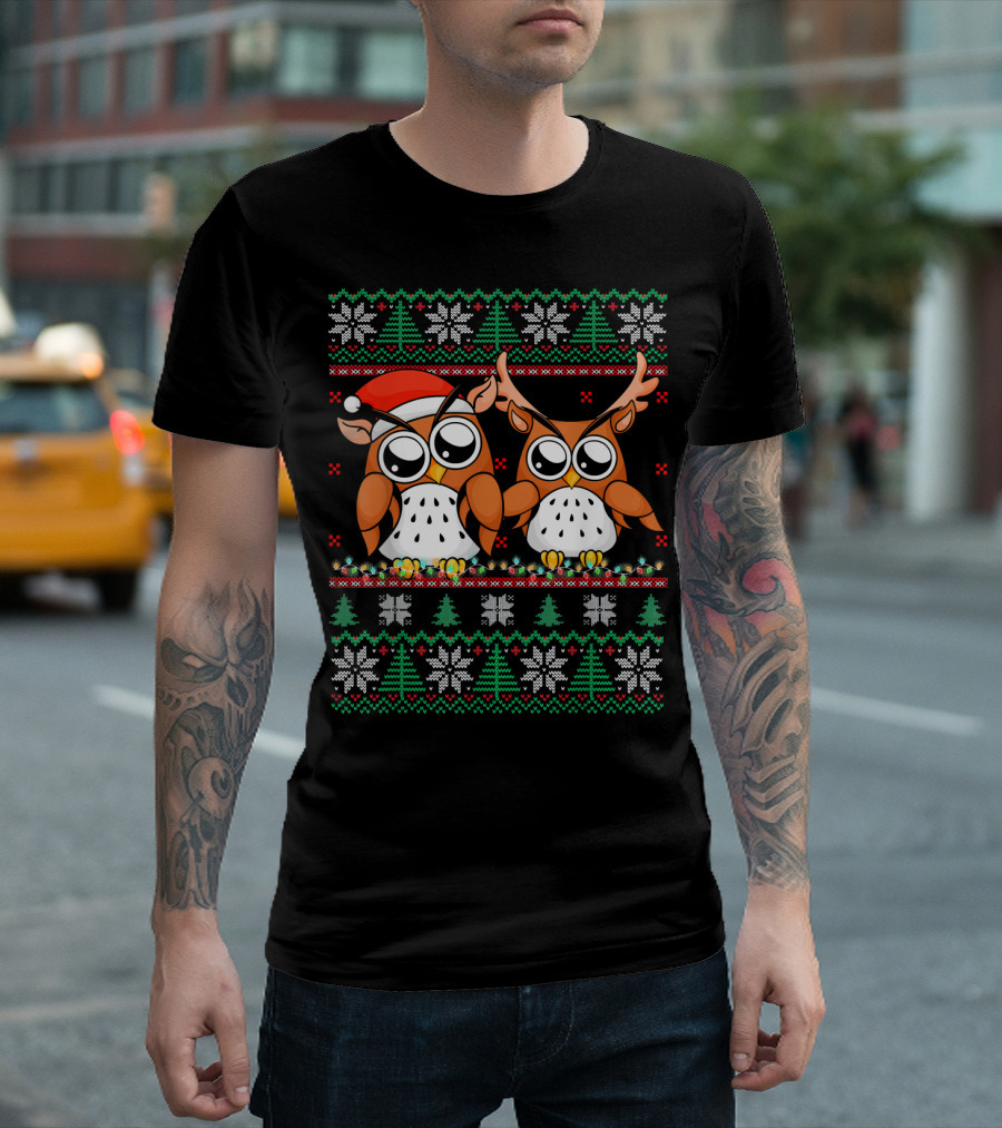 Cute Owl Christmas Lights Santa Reindeer Ugly T-Shirt