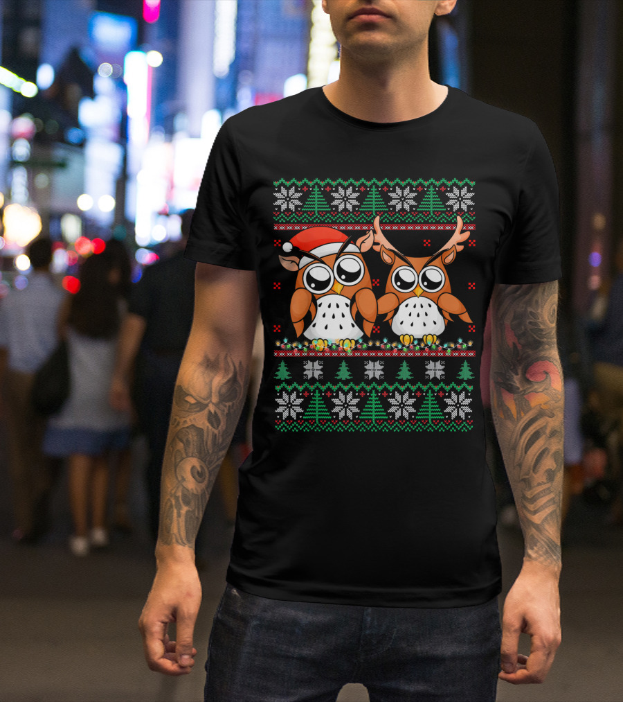 Cute Owl Christmas Lights Santa Reindeer Ugly T-Shirt