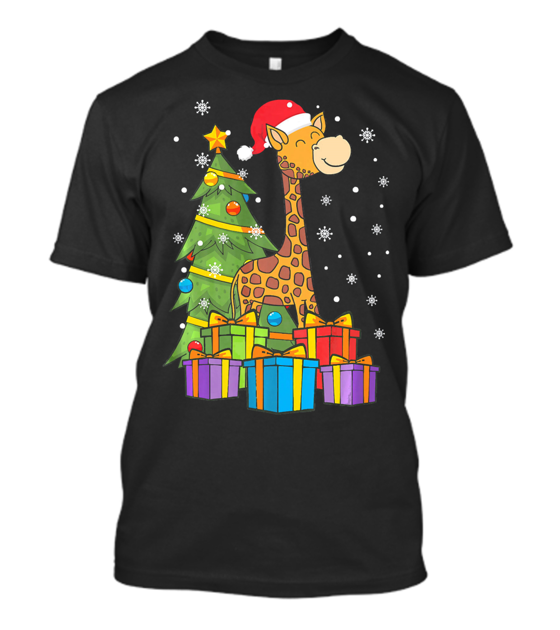 Christmas Giraffe Santa With Tree Lights And Presents T-Shirt