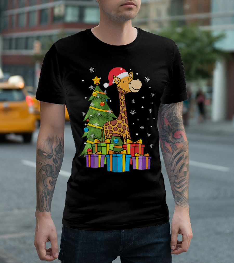 Christmas Giraffe Santa With Tree Lights And Presents T-Shirt