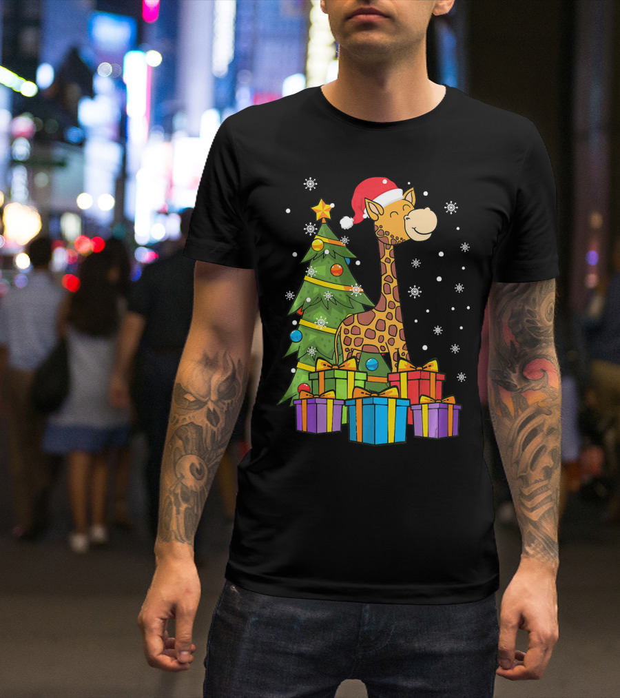 Christmas Giraffe Santa With Tree Lights And Presents T-Shirt