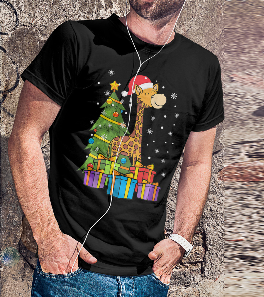 Christmas Giraffe Santa With Tree Lights And Presents T-Shirt