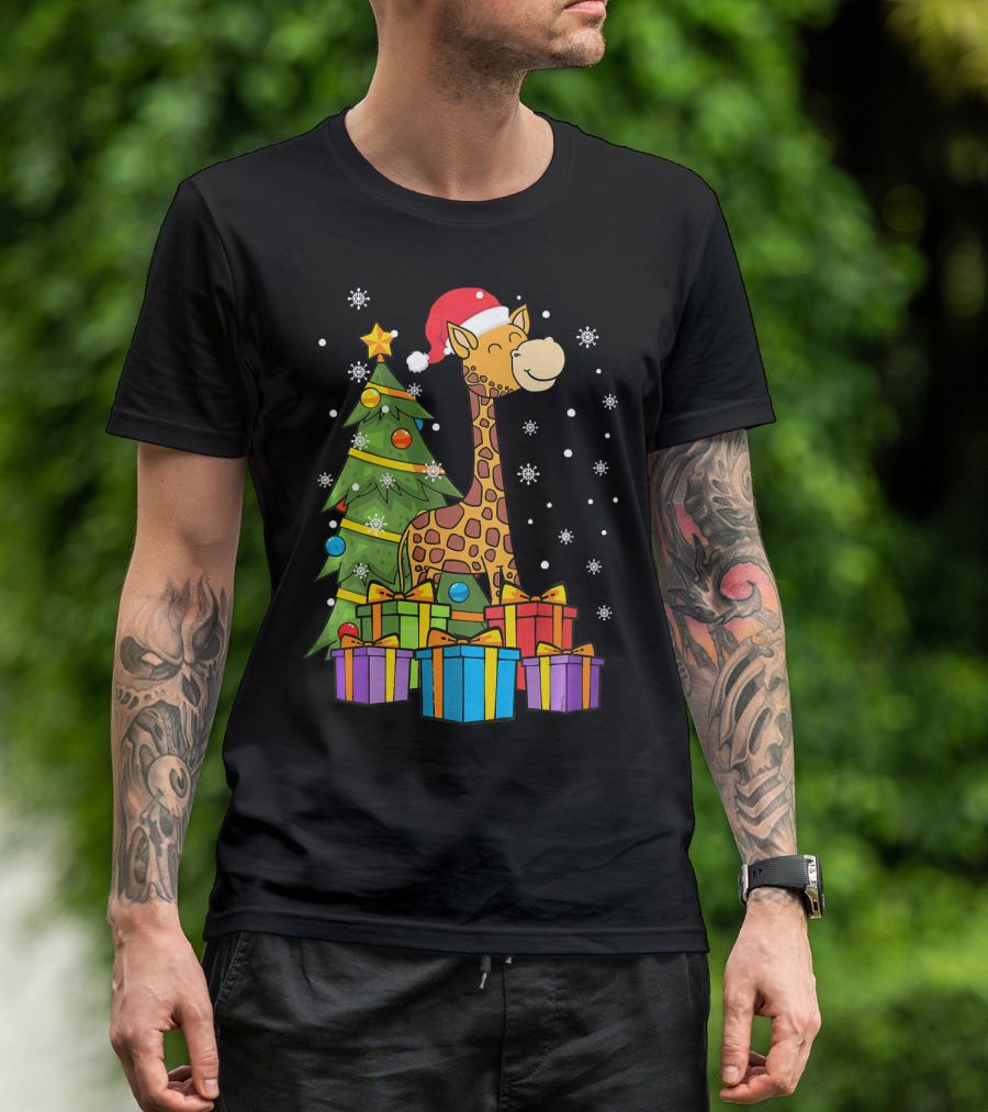 Christmas Giraffe Santa With Tree Lights And Presents T-Shirt