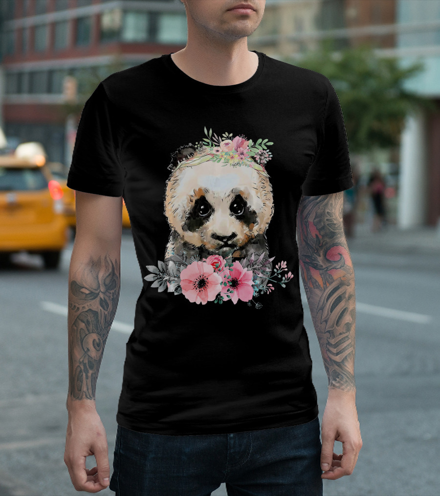 Cute Baby Panda Bear with Floral Wreath and Bouquet T-Shirt