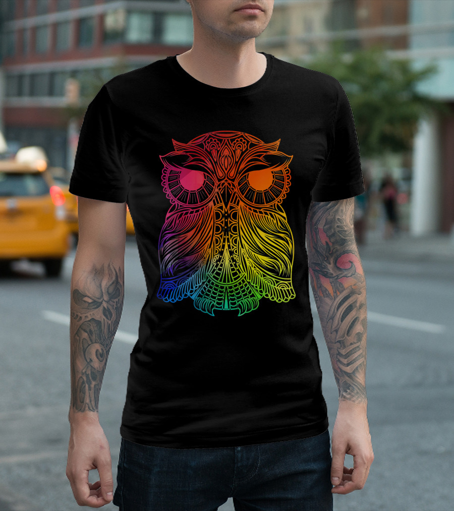 Colorful Gradient Owl Intricate T-Shirt