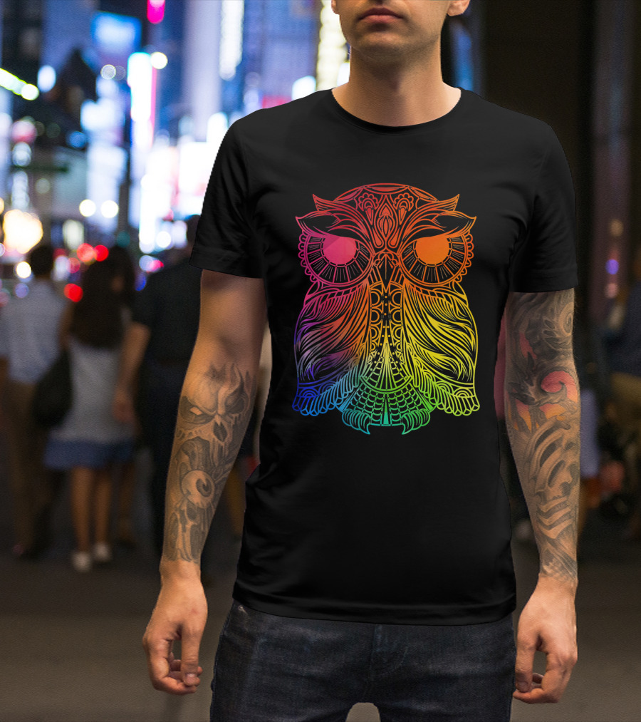 Colorful Gradient Owl Intricate T-Shirt