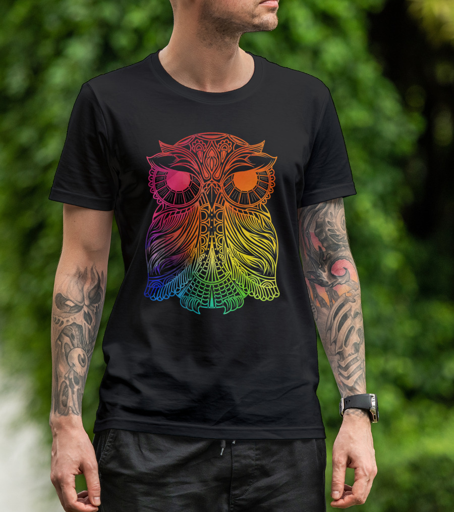 Colorful Gradient Owl Intricate T-Shirt