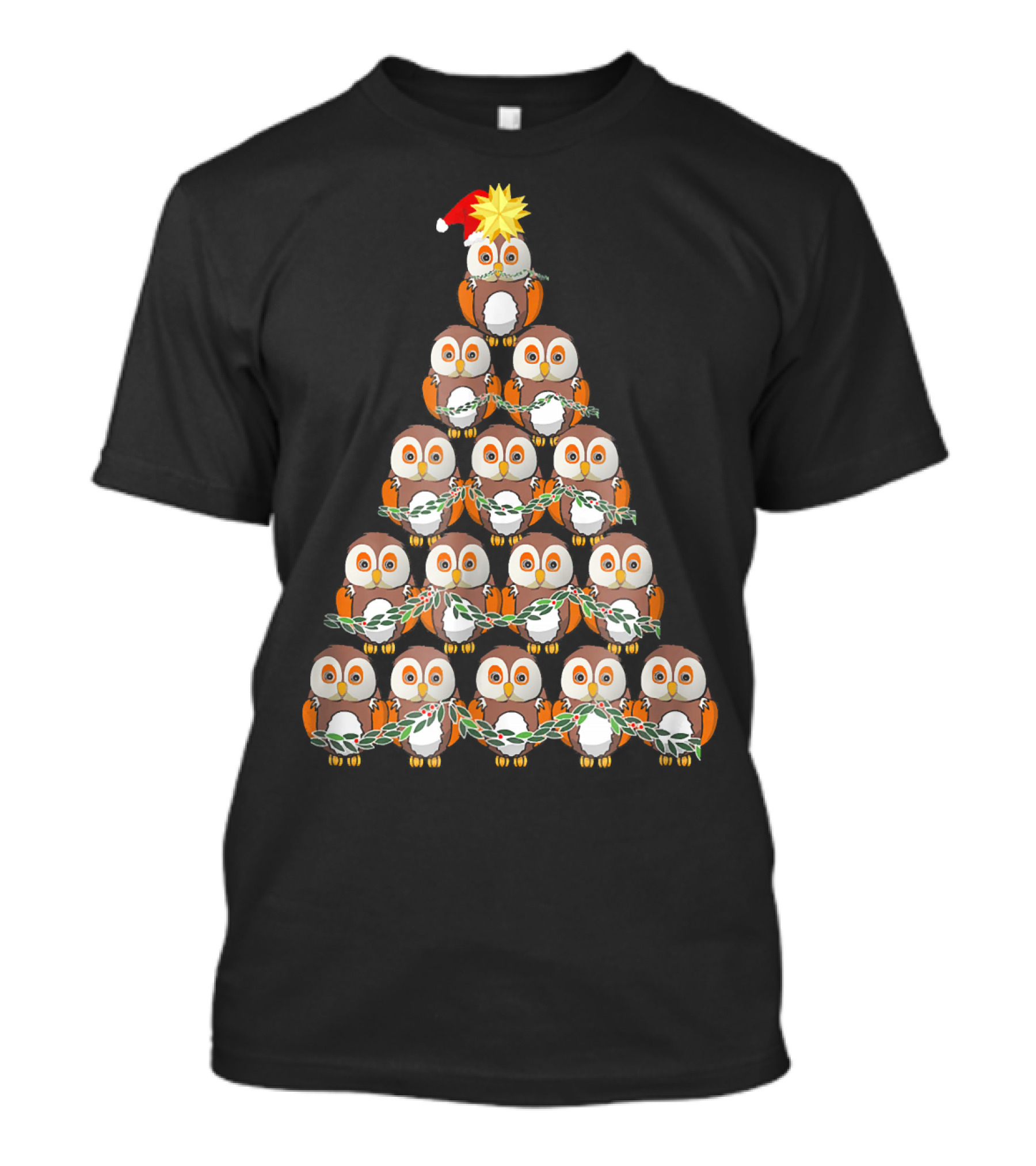 Christmas Owl Tree With Santa Hat Owl In Garland Formation T-Shirt