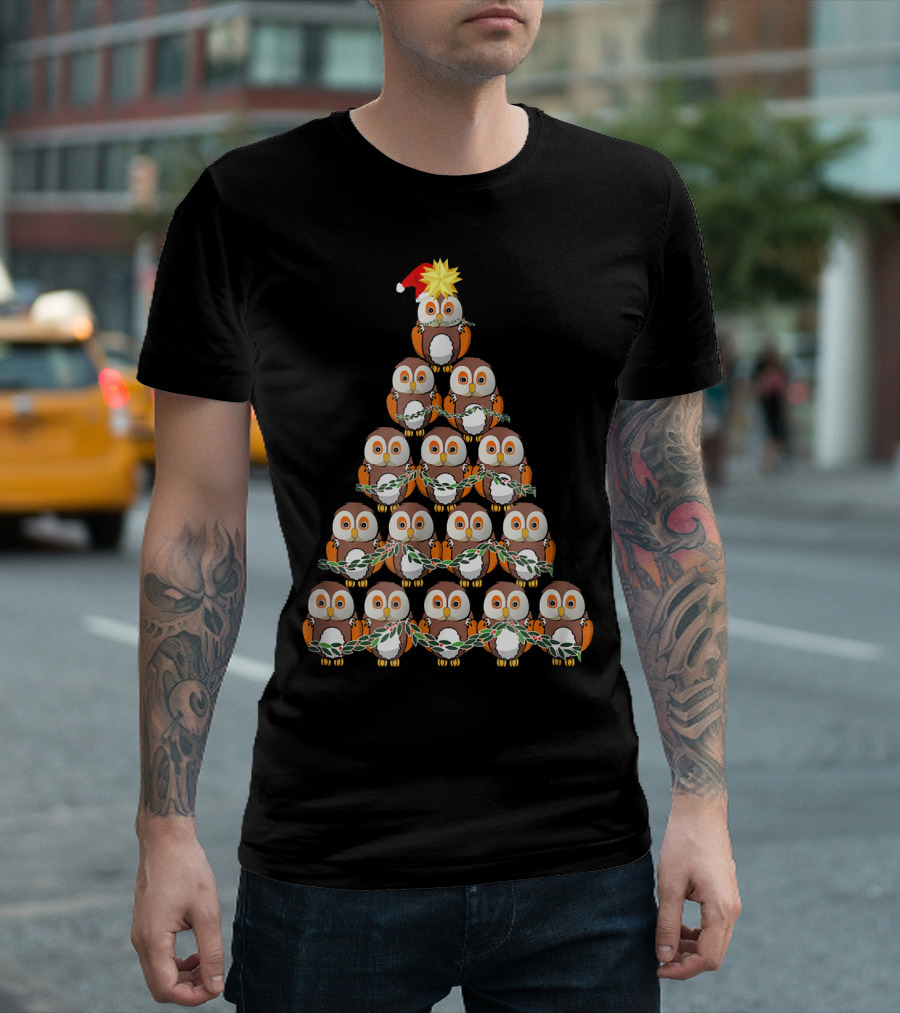 Christmas Owl Tree With Santa Hat Owl In Garland Formation T-Shirt