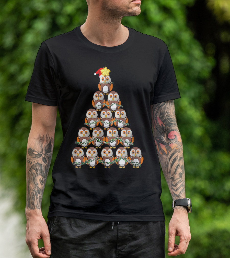 Christmas Owl Tree With Santa Hat Owl In Garland Formation T-Shirt