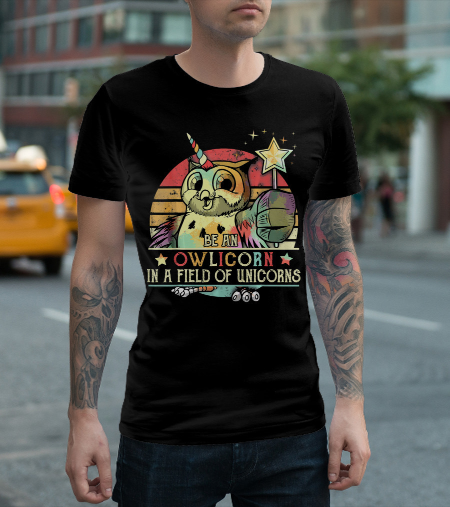 Be An Owlicorn In A Field Of Unicorns Retro Magic Wand Stars T-Shirt