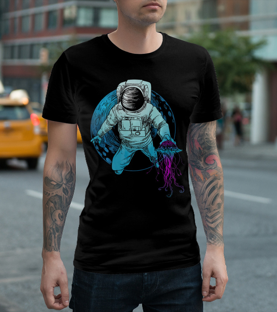 Astronaut With Jellyfish In Space And Underwater Fusion T-Shirt