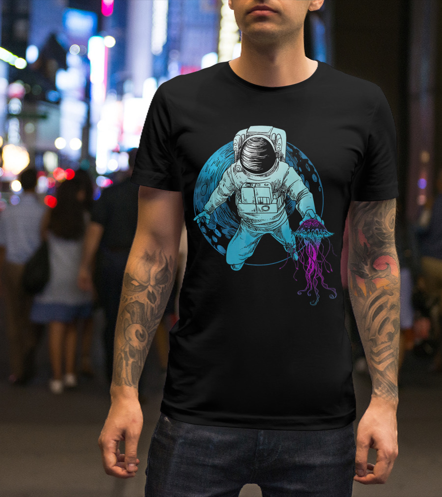 Astronaut With Jellyfish In Space And Underwater Fusion T-Shirt